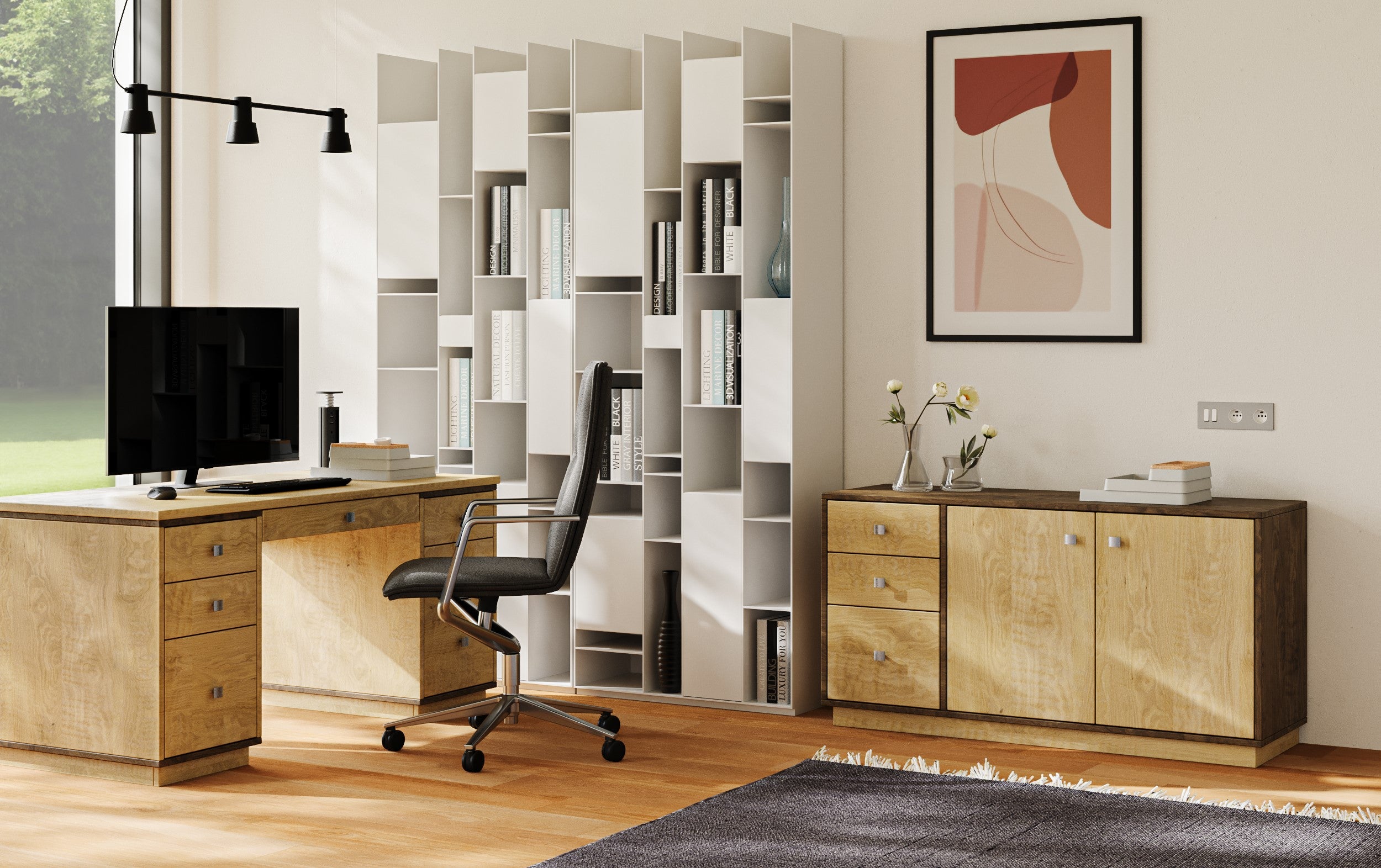 Office with beautiful wooden desk and cabinet